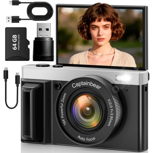 4K Digital Camera,64MP Cameras for Photography with 16X Digital Zoom, AutoFocus Vlogging Camera for YouTube, 3 180°Flip Screen Compact Travel Camera, Anti-Shake 4K Video Cameras