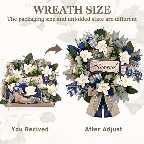 Waipfaru 22 Inch Spring Summer Wreath, Magnolia Wreaths for Front Door with Eucalyptus & Blue Grey Burlap Bow, Year Round Wreaths for Porch Farmhouse Patio Door Decor All Season (1 Pcs)