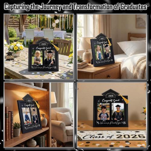 Wenqik Then and Now Graduation Picture Frame Double 5x7 Photo Frame Class of 2026 Graduation Gifts for Son Daughter High School College Graduates Wooden Photoframe Graduate Keepsake(Silver,Grad Cap)