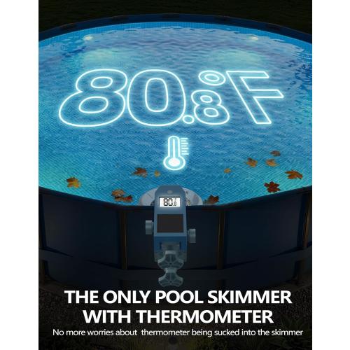 BluSwim Above Ground Pool Skimmer with Solar Digital Thermometer | Wall Mount Surface Skimmer - Auto Skimming Pool Floating Debris | 2 Upgraded Bracket - Stable&Height Adjustable-Steel Blue