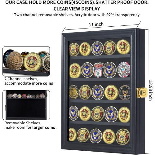 Jinchuan Military Challenge Coin Display Case Lockable Cabinet Rack Holder Shadow Box with Removable 2 Grooves Shelves and Anti Dust Door for Casino Poker Chips Collectibles, Small - Black