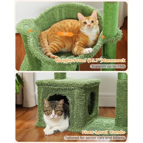 Cactus Cat Tree 40 Cat Tower with Large Metal Carpet Hammock, Cat Scratching Post for Indoor Cats with Condo & Replaceable Toy Ball, Green
