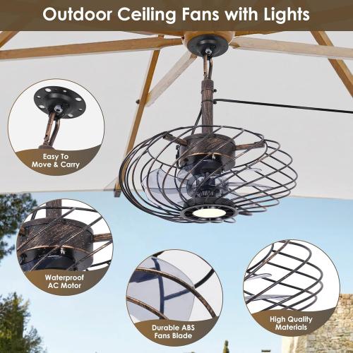 Black Gold 15 Outdoor Ceiling Fan with Light, Waterproof Gazebo Fan Remote Control, Dimmable LED Light, Hanging Black Caged Ceiling Fixtures with Plug in Cord for Patios Pergola, Black Gold
