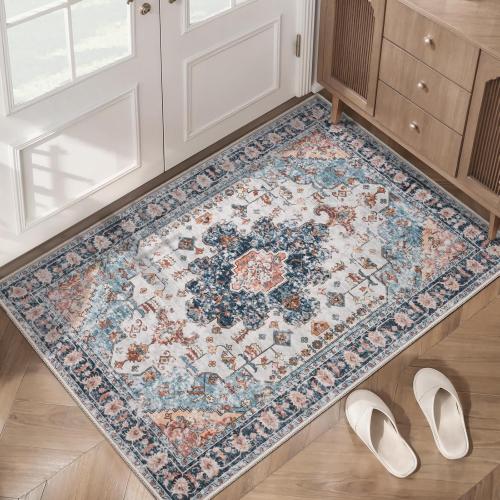 Blue/Beige Tangsoo Vintage Rug 2x3 Washable Rug for Entryway, Non Slip Small, Indoor Front Door, Print Distressed Blue/Beige Door Mat Carpet, Soft Low Pile Rugs for Entrance Kitchen Bedroom Bathroom