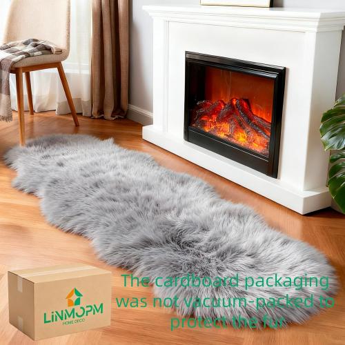 linmopm Faux Fur Sheepskin Rug, Grey, Small Runner | Shag Fluffy Fuzzy, High-Density Cushion, For Bedroom Bedside Living Room, Plush Carpet, Sofa Cover