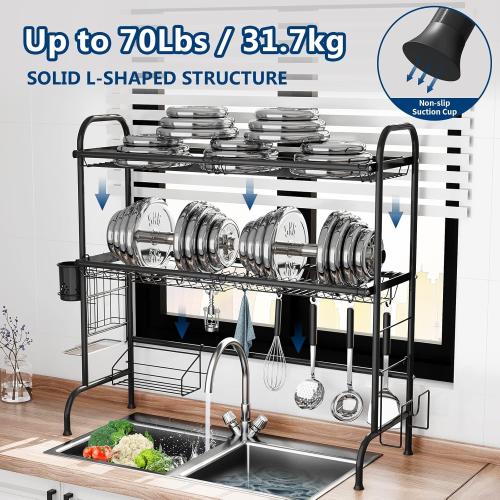 32.3 - 33.9(L) x 11.4(W) x 32.3(H) Black MOUKABAL Dish Drying Rack - Stainless Steel Over The Sink Dish Drying Rack (Expandable Length), 2 Tier Large Dish Rack with Utensil Holder, 32.3 - 33.9(L) x 11.4(W) x 32.3(H) Black