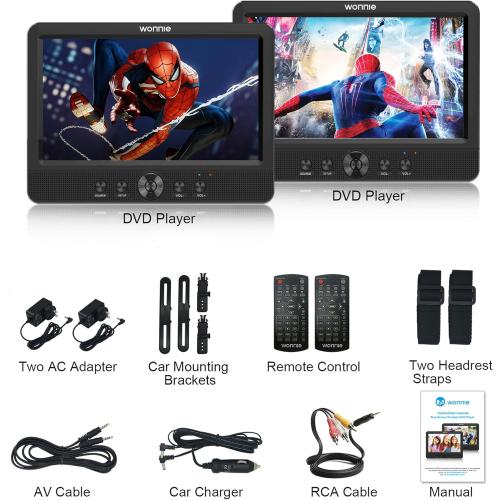 WONNIE  Two DVD Players Dual Screen for Car Portable CD Player, Play a Same or Two Different Movies with Two Mounting Brackets, 5-Hour Rechargeable Battery, Support USB/SD Card Reader