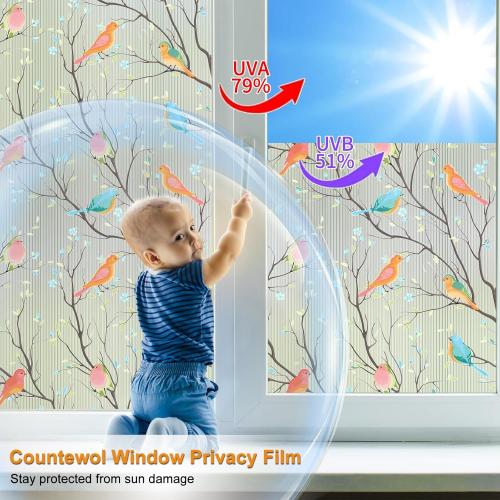 Bird Window Film Upgraded Reusable Stained Glass Window Film - No Glue, Decorative Privacy for Home Windows (Colorful Birds, 17.5 X 78.7 in)