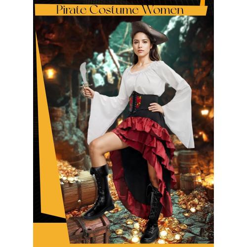 Size/L Verceco Pirate Costume Women Outfit with Renaissance Pirate Shirt Skirt Corset Waist Belt Womens Halloween Pirate Costumes (White Red, L)