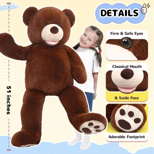 DOLDOA Giant Teddy Bear Plush Gift for Baby Shower, Life Size Stuffed Animal with Footprints, Dark Brown
