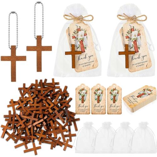 Tradder 100 Set Funeral Favor for a Memorial Service with 100 Wooden Cross Keychain Funeral Thank You Card Organza Bag Guest Sympathy Gift for Remembrance Bereavement Celebration of Life(Cross)