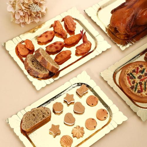 Honeydak 4 Pcs Gold Rectangle Serving Trays Heavy Duty Disposable Paper Cardboard Serving Platter for Food Tea Fruit Trays Cupcake Display Dessert Table Decorations Birthday Party Supplies