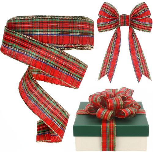 Yinder Plaid Christmas Wired Ribbon 1.5 Inch 30 Yard Traditional Red Tartan Plaid Christmas Holiday Ribbon Green Red Gold Garland Home Decor Gift Wrapping DIY Craft