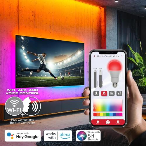 Monster Smart RGB IC LED Strip Lights 50ft – Sound Reactive Strip Lights for Bedroom, App & Voice Control, RGB Light Strip for Room, Alexa Google Home, Razer Chroma Sync - 270 RGB IC LED Lights