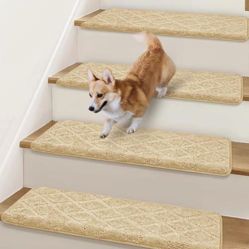 14 Pack Beige 9.5x32 Bullnose Stair Treads Non-Slip 9.5 x 32, 14 Pcs Carpet for Wooden Steps Indoor With Edge Protection, Reusable Peel and Stick TPU Backing Runner Rugs - Diamond Pattern Beige