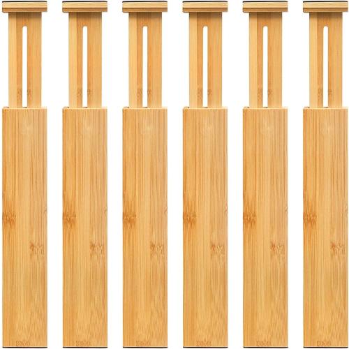 VaeFae Adjustable Bamboo Drawer Dividers, Expandable Drawer Organizer for Kitchen, Bedroom, Bathroom, Dresser and Office, 6-Pack