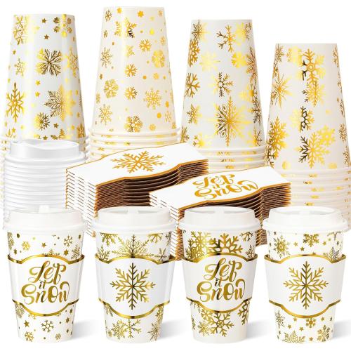 48 Sets 12 oz Christmas Disposable Paper Cups Gold Foil Winter Snowflake Coffee Cups with Lids and Sleeves Bulk for Hot Cold Tea Drinking Winter Birthday Wedding Holiday Party Favors