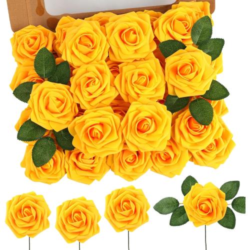 MACTING Artificial Yellow Rose Flowers 30PCS Real Touch Foam Roses with Stem Fake Flowers for DIY Table Centerpieces Bouquets Wedding Party Holiday Home Spring Mothers Day Decorations
