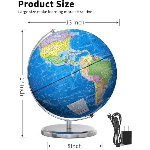 SOUNDANCE 13 Inch World Globe with Stable Heavy Metal Base, Educational Globe for Kids Learning, Large Globes Lamp with Colorful HD World Map Details, Constellation