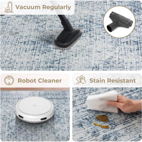 MIULEE 8x10 Vintage Washable Area Rugs Living Room Rug Low Pile Boho Farmhouse Floor Mat for Bedroom Dining Room Under Kitchen Table, Non-Slip Stain Resistant Soft Large Carpet for Home Decor, Blue