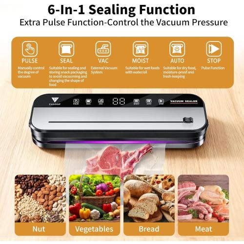 CALOOP Food Vacuum Sealer Machine with 20 Seal Bags, 80 Kpa Powerful Food Saver for Kitchen Storage, Dry/Moist Modes, Digital Countdown Timer, Compact Lightweight, Build-in Cutter