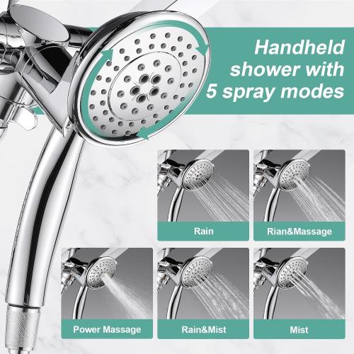 Silver Cobbe Premium 3-Way Rain Shower Head Combo, Dual Shower Head with Handheld, 5-mode High Pressure Rainfall Showerhead with Stainless Steel Hose & Sealant Tape - U.S. Invention Patents - Chrome