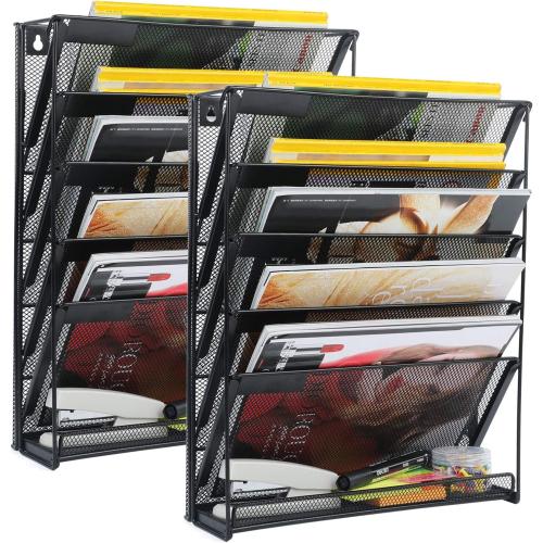 samstar 2 Pack Wall File Organizer, 6-Tier Wall Mount Paper Holder Vertical File Rack, Mesh Metal, for Office Home, Black