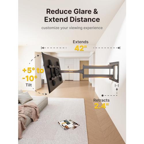 monTEK Long Arm TV Wall Mount for Most 43-80 Inch TVs, 42 Inch Long Extension TV Mount Swivel and Tilt, Full Motion Wall Mount Tv Bracket Fit Max VESA 600 x 400mm, Up to 110 lbs, 16”,18” Studs