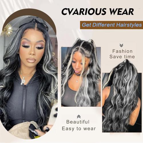 Body Wavy V Part Wig For Women Water Curly Black With Grey 24 Inch
