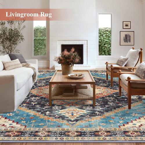 Yamaziot Washable Area Rugs 5x7 – Non Slip Boho Vintage Rug for Bedroom, Low Pile Floor Carpet Soft Distressed Rug for Living Room, Bedroom, Dining Room, Black Navy Blue