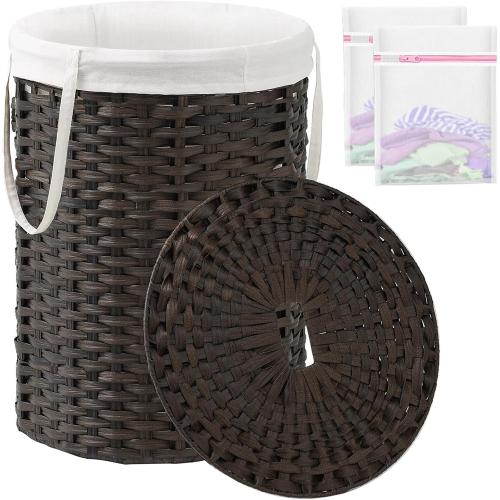 SETVSON Laundry Basket with Lid Round Rattan Laundry Hamper with Lid and Handles 29.1 Gal (110 L) Handwoven Woven Basket with Removable Bags and 2 Mesh Bags for Bathroom Living Room Brown