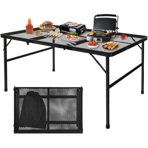 3-Fold Folding Camping Table with Mesh Desktop, Lightweight & Portable Foldable Table, Height Adjustable Grill Table for Picnic Beach Party Indoor Outdoor BBQ