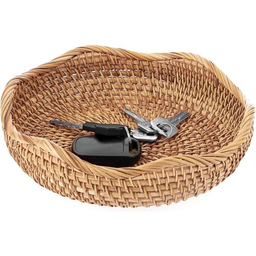 Natural Rattan Tray Wicker Storage Bowls Hand Woven Basket Tray for Bread Fruit Key Round Fruit Baskets for Kitchen Entryway Tabletop Decorative Baskets Bowl