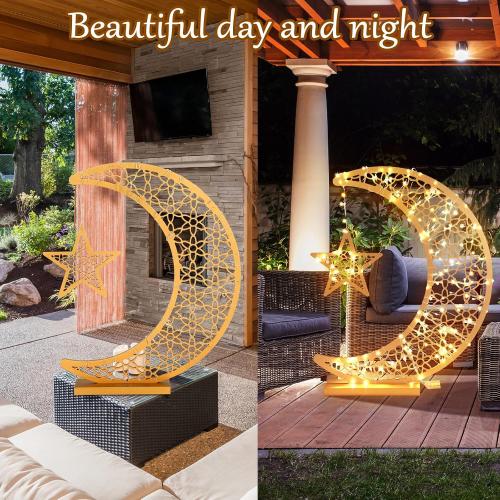 Tujoe Ramadan Crescent Moon Wooden Moon Decorations Lights for Home Eid Mubarak Star Crescent Eid Crafts Light Stand Mubarak Table Centerpiece with Star Ornament for Home Islamic Gift(20 x 17 Inch)