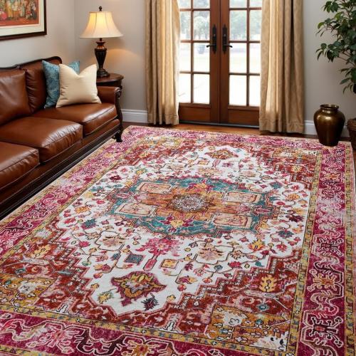 Large Area Rug for Living Room, Machine Washable Vintage Rugs -Low Pile Carptet, Soft Distressed Floral Rugs for Kitchen, Dining Room, Bedroom, Plum