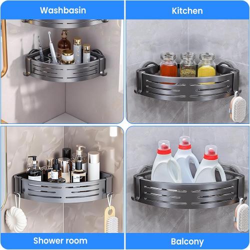 2 Pack Corner Shower Caddy Suction Cup Rust-proof aluminum alloy With 4 hooks No drilling required Removable Waterproof Bathroom Storage Rack for Shampoo, Shower Gel, Razors (gunmetal gray)