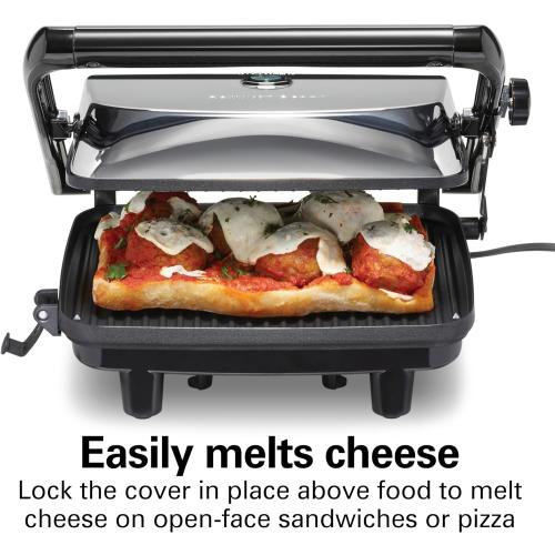 Hamilton Beach Panini Press Sandwich Maker & Electric Indoor Grill with Locking Lid, Opens Wide to Fit Any Thickness for Quesadillas, Burgers & More, Nonstick 8 x 10 Grids, Chrome (25460MNA)