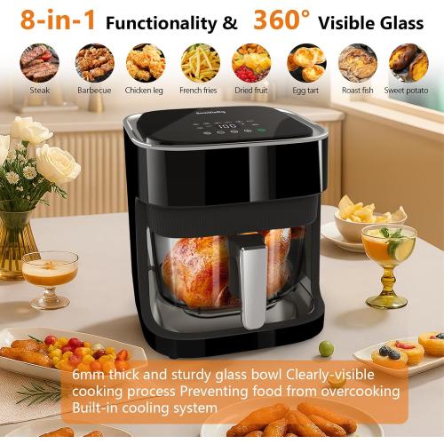 Glass Air Fryer, Non-Toxic Borosilicate Glass Basket with 360° View, Upgraded Food-Grade Stainless Steel Tray, 8-in-1 One-Touch Presets, Teflon-Free & Dishwasher Safe, Black