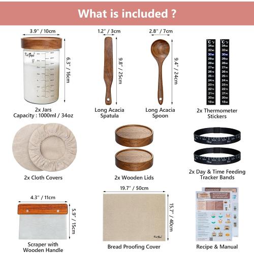 KIIZYS Sourdough Starter Kit – 2 x 34 oz Wide-mouthed Glass Jars, with Acacia Koa & Beechwood Utensils & Lids – Organic Cotton Fabrics, Tracker Bands, & Temp Stickers - Sourdough Bread Baking