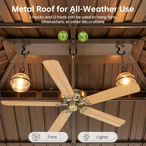 10x12FT Hardtop Gazebo Brown | Permanent Outdoor Pergola with Double Galvanized Steel Roof and Curtains and Netting for Backyard, Patio, Lawn and Garden