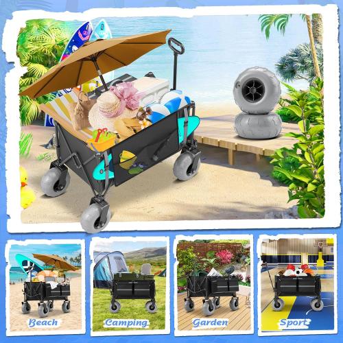 Beach Wagon with Big Wheels for Sand Heavy Duty Collapsible Wagon with 9 All Terrain Inflatable Tires, Foldable Beach Cart for Camping Outdoor Grocery Shopping Garden Sports