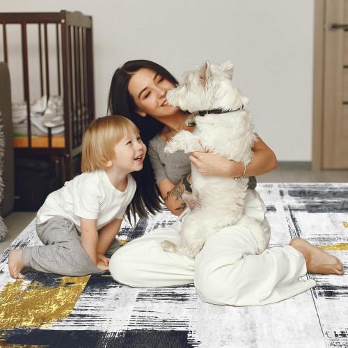 VKLiving Machine Washable 8'x10' Abstract Area Rug - Non Slip, Modern Woven, Soft Carpet for Living Room, Bedroom, Kitchen & Dining - Black