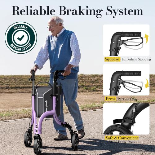 3 Wheel Walkers for Seniors, Lightweight Rollator Walkers Foldable for Elderly with Cane Hold and Cup Hold, Height Adjustable Aluminum Three Wheel Rolling Walker Mobility Aid, Purple