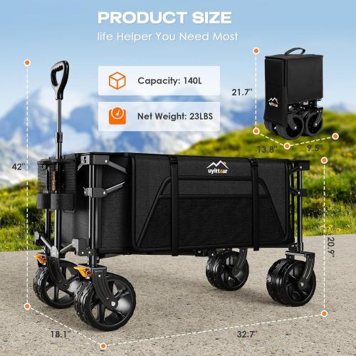 Black Collapsible Wagon Cart Heavy Duty Foldable, Folding Beach Wagon with Big Wheels for Sand, Utility Grocery Cart with Side Pocket and Brakes for Camping Sports Outdoor Activities, Black