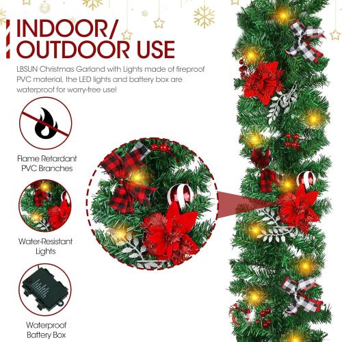 Christmas Garland with Lights, Pre-lit 9ft Christmas Decorations with 50 Warm White LED Lights, Berries, Balls, and Red Flower for Door, Stairs, Railing, Indoor, Outdoor, Battery Operated