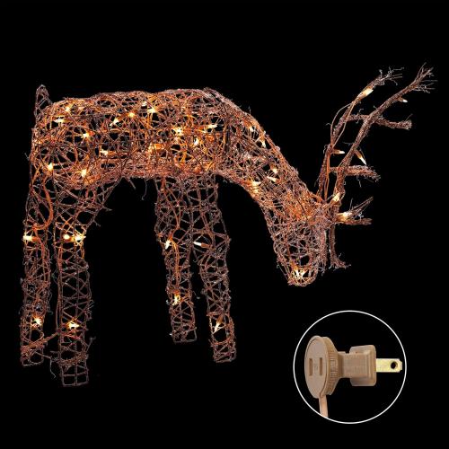 Alpine Corporation 24H Outdoor Rattan Grazing Reindeer Lawn Decoration with White Lights , Christmas Decoration