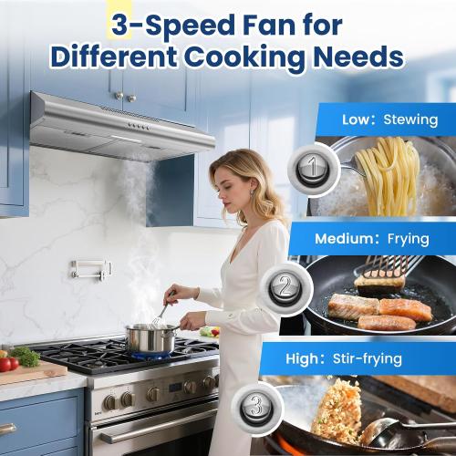 24 inch Range Hood Under Cabinet, Stainless Steel Range Hood 280CFM, Slim Kitchen Stove Hood w/Push Button, Ducted/Ductless Convertible, 3 Speeds Exhaust Fan, LED Light and Carbon Filter