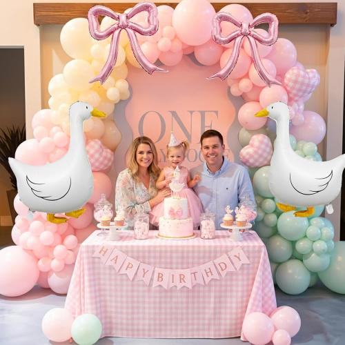 4PCS One Silly Goose Balloons and Pink Bows – White Goose Pinl Bow Foil Balloons for One Silly Goose Birthday Decorations, Coquette Bow Baby Girl Party Decor, Gingham Farm Baby Shower Supplies