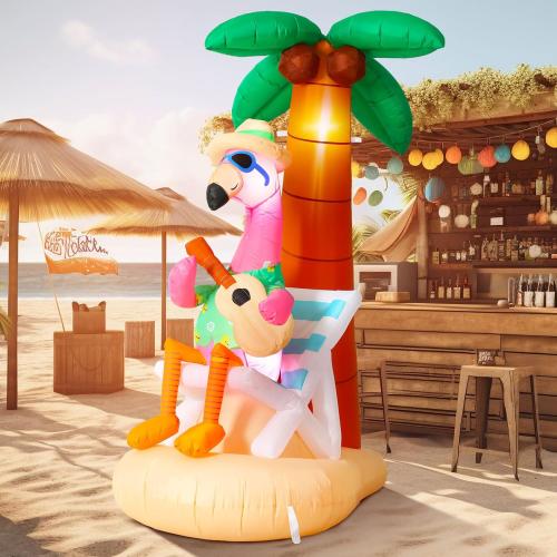 6 ft Inflatable Flamingo Beach Party Decor with Coconut Tree, Blow up Hawaiian Summer Tropical Pool Decoration for Outdoor Home Garden Luau Party (tested)