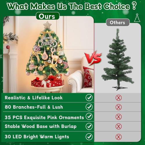 Livole 2 FT Small Christmas Tree, Mini Christmas Tree with Lights, Mini Tabletop Full Xmas Trees with 35 PCS Pink Ornaments, Merry Christmas, Xmas Tree for Table DIY Christmas Decor